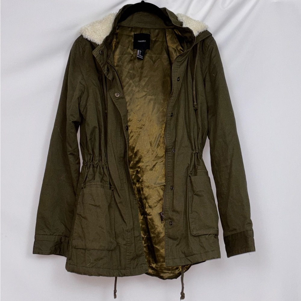 Forever 21 Khaki Utility Jacket with Faux Fur Collar